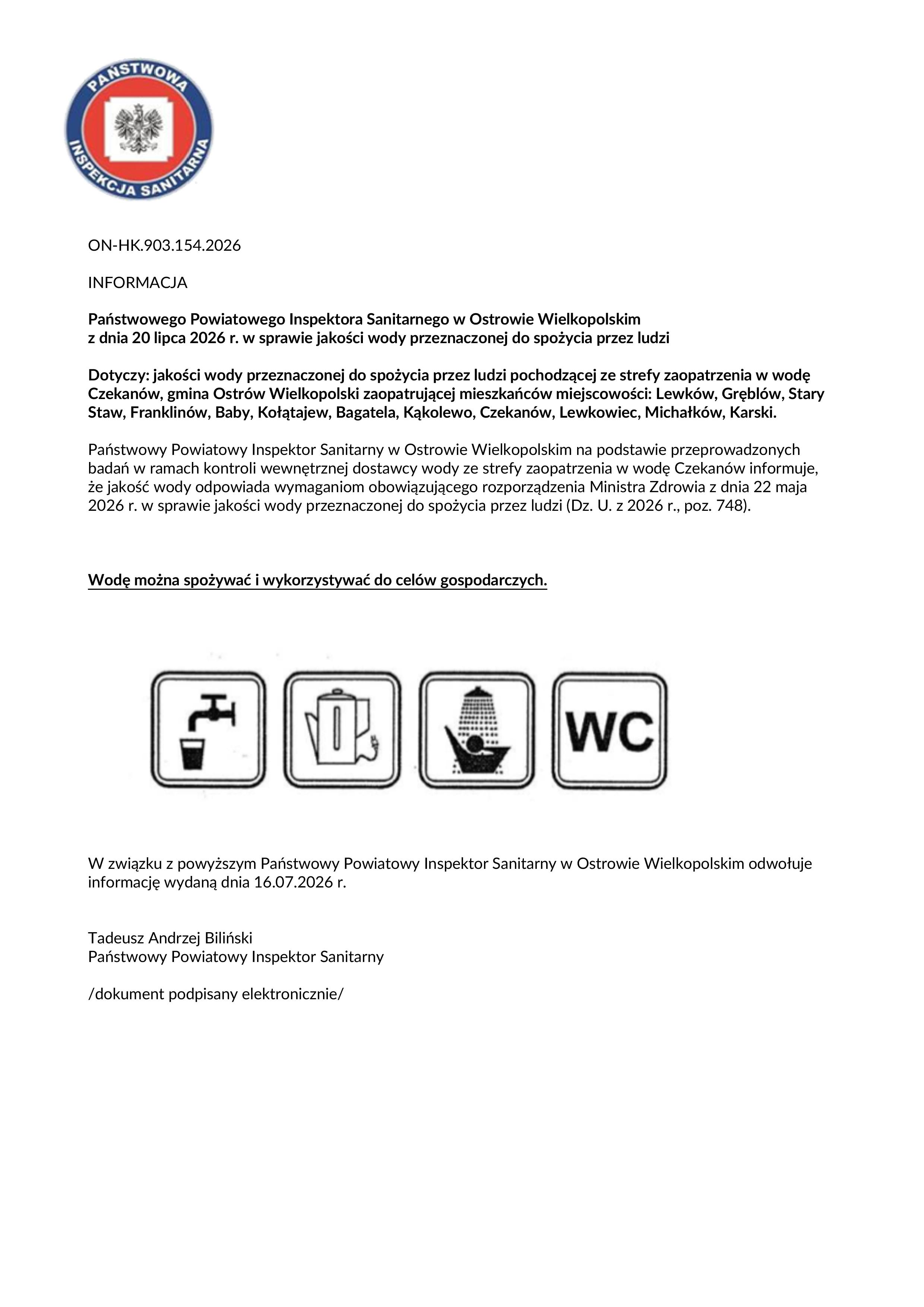 Informacja strefa zaopatrywania Czekanów